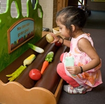 Children build vocabulary while planting and harvesting vegetables at Hopkins Library.