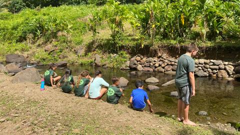 Children sit at the shore of a creek.